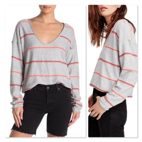 Free People Sweaters - Free People Medium Make You Mine Grey Striped Cropped Sweater